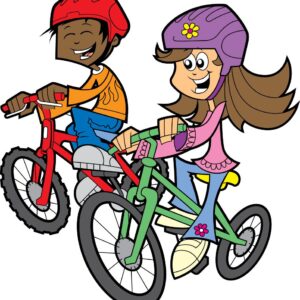 A boy and a girl riding bicycles